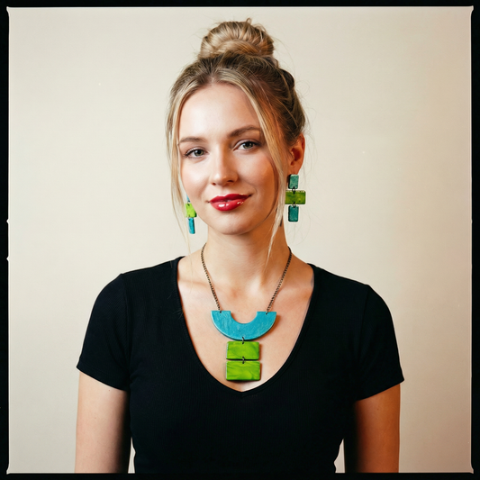 Neon Green & Blue Statement Jewelry Set, Post or Clip On – Handmade