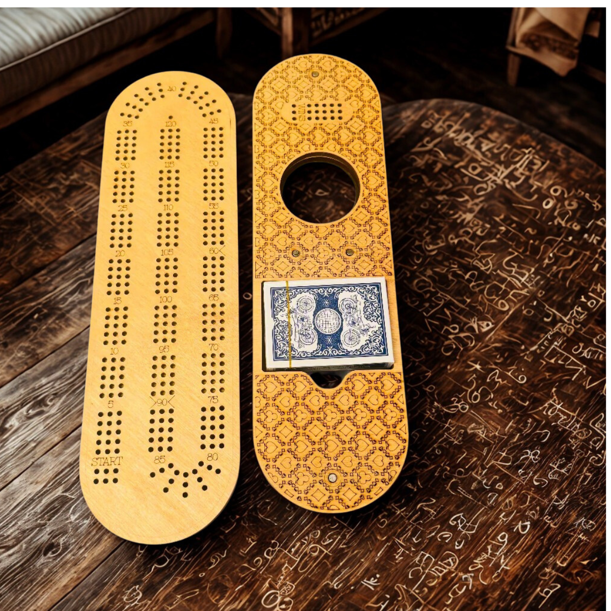 Oblong Cribbage Board with Removable Lid – 3 Player with Scoring Panel (15” x 4”)
