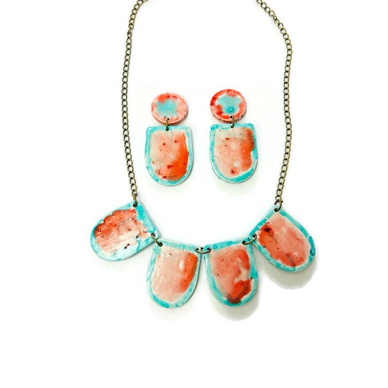 Watercolor Bib Necklace Handmade from Clay & Painted