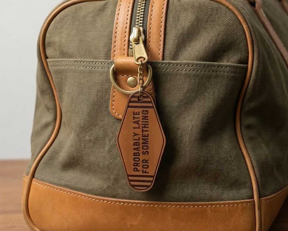 Vintage Motel Key Leather Keychain | Probably Late for Something