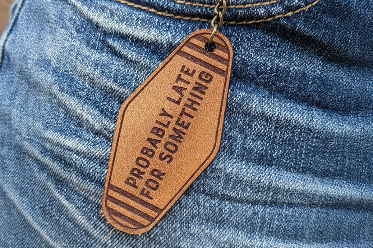 Vintage Motel Key Leather Keychain | Probably Late for Something