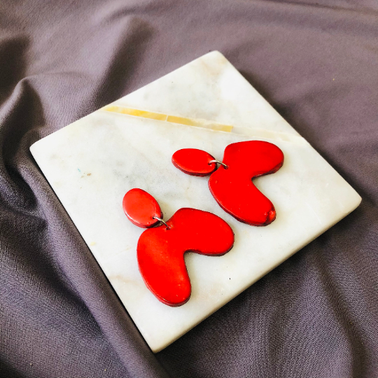 Red Asymmetric Arch Earrings Post or Clip On- "Kate"