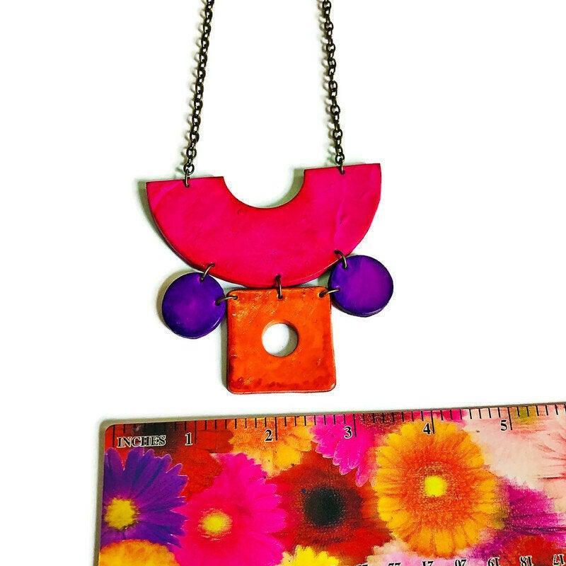 Retro Jewelry Set | Chunky Statement Necklace & Earrings in Neon Pink, Purple & Orange