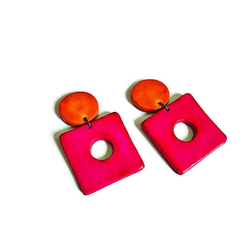 Retro Jewelry Set | Chunky Statement Necklace & Earrings in Neon Pink, Purple & Orange