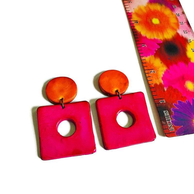 Retro Jewelry Set | Chunky Statement Necklace & Earrings in Neon Pink, Purple & Orange