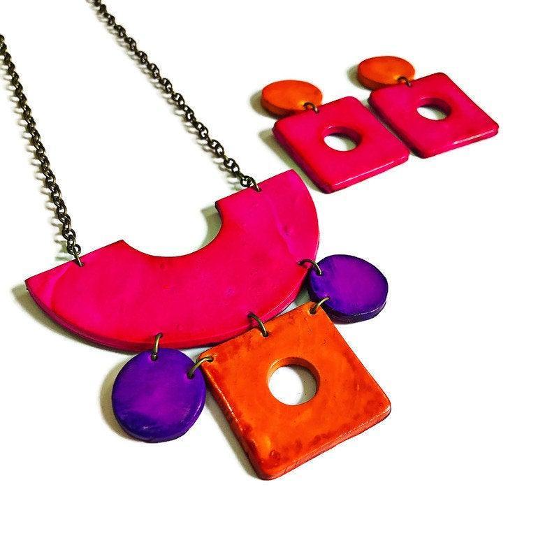 Geometric Statement Jewelry Set in Hot Pink, Purple Orange