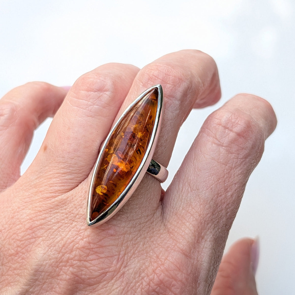 Golden Amber Marquise Ring — Baltic Amber & Sterling Silver