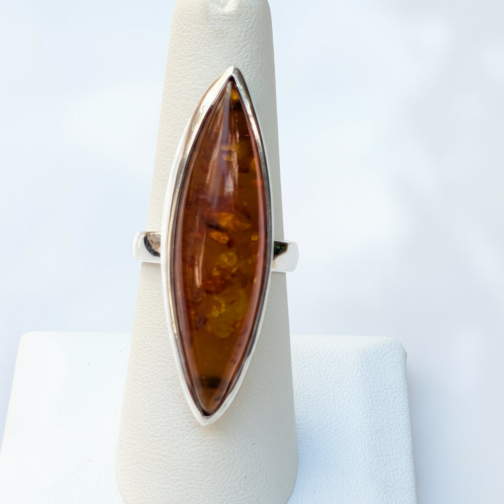 Golden Amber Marquise Ring — Baltic Amber & Sterling Silver
