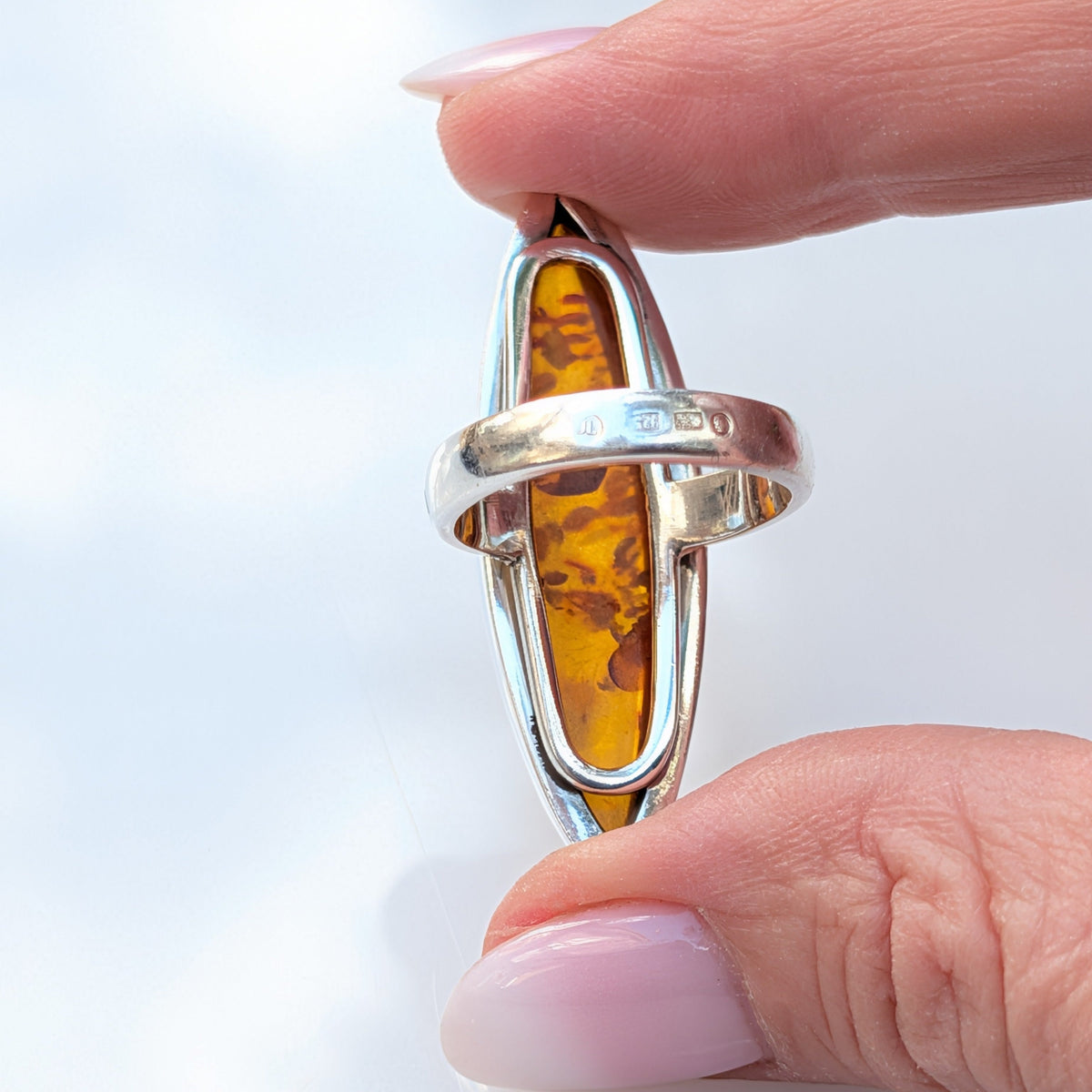 Golden Amber Marquise Ring — Baltic Amber & Sterling Silver