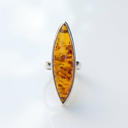 Golden Amber Marquise Ring — Baltic Amber & Sterling Silver