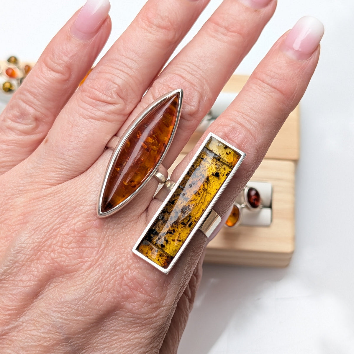 Golden Amber Marquise Ring — Baltic Amber & Sterling Silver