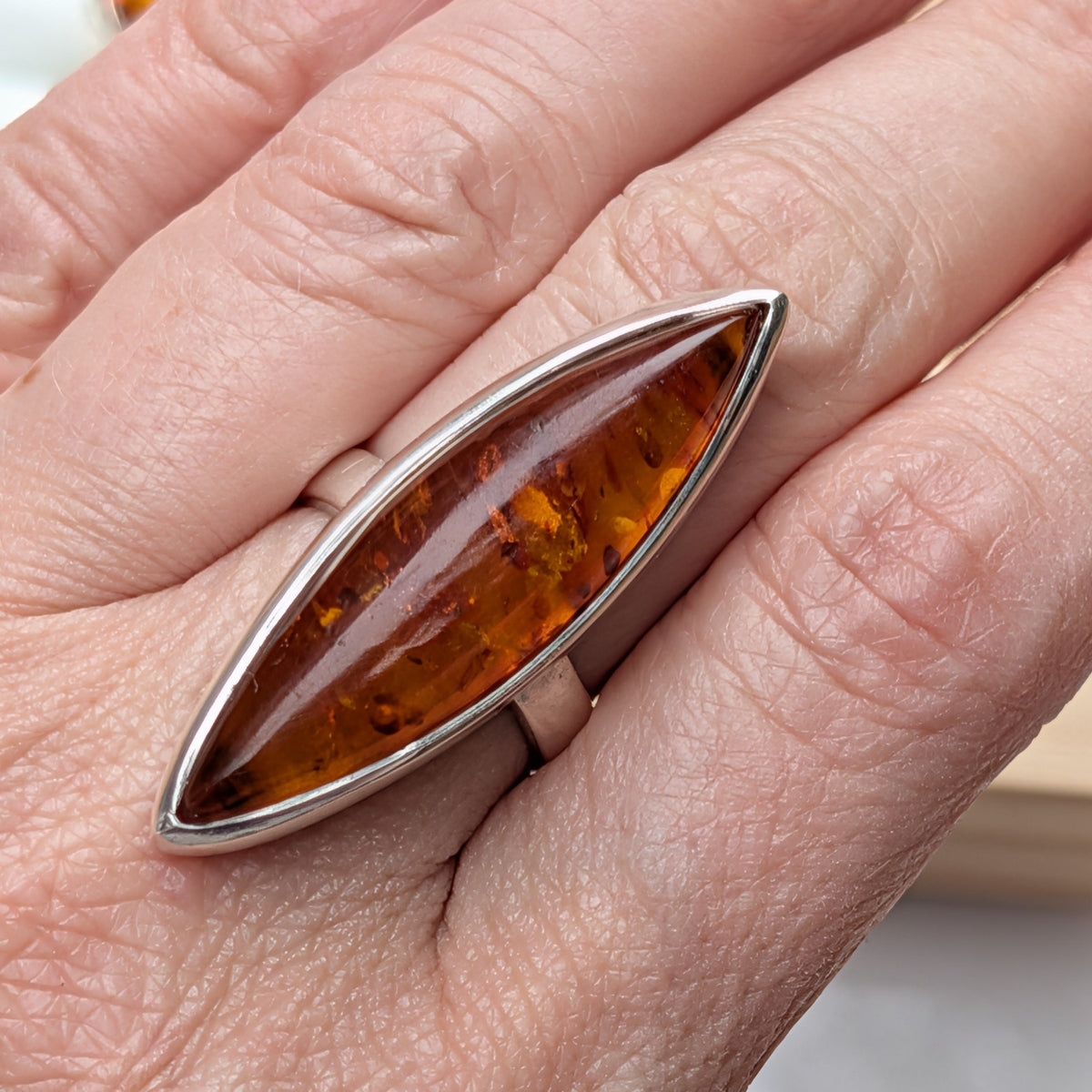 Golden Amber Marquise Ring — Baltic Amber & Sterling Silver