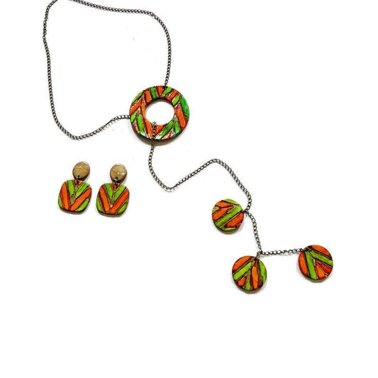 Rustic Lariat Necklace & Earrings Set, Green, Orange & Grey, Handmade Polymer Clay