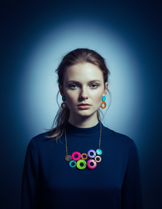 Parure de bijoux cercles entrelacés colorés, collier et boucles d'oreilles tendance, en argile polymère faits main