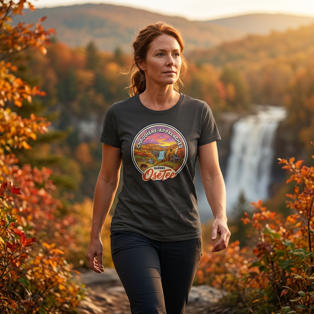 T-shirt Chaudière-Appalaches OseTee porté en randonnée dans un décor automnal.
