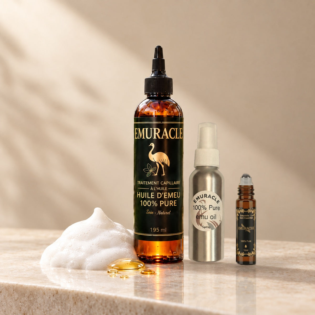 Emuracle Optimal Care Trio: emu oil and jojoba shampoo 195 ml, 100 ml emu oil spray and 10 ml roll-on