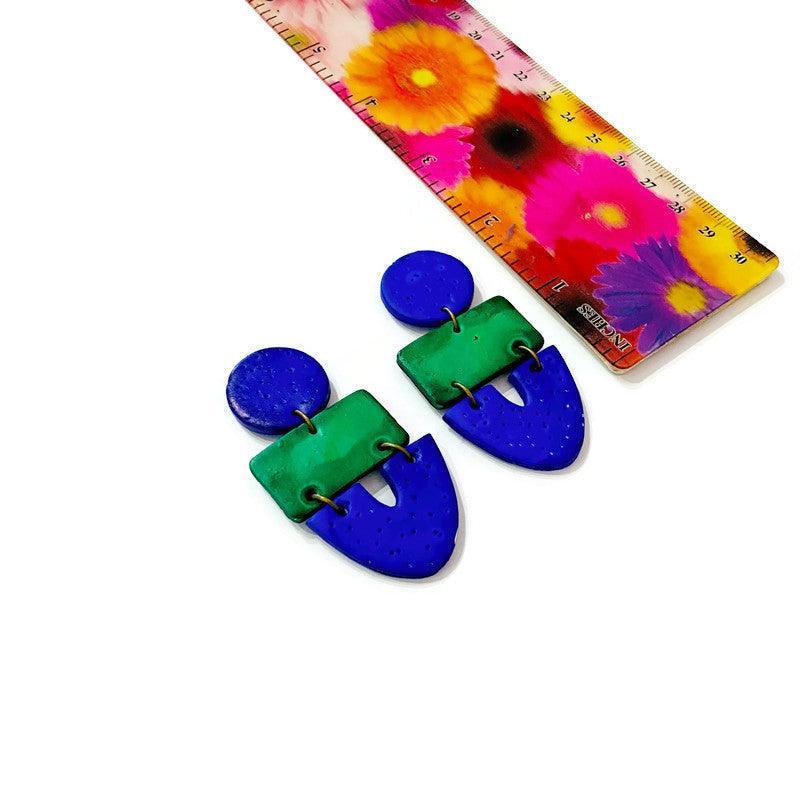 Two Tone Statement Earrings in Green Blue, Post or Clip On Handmade