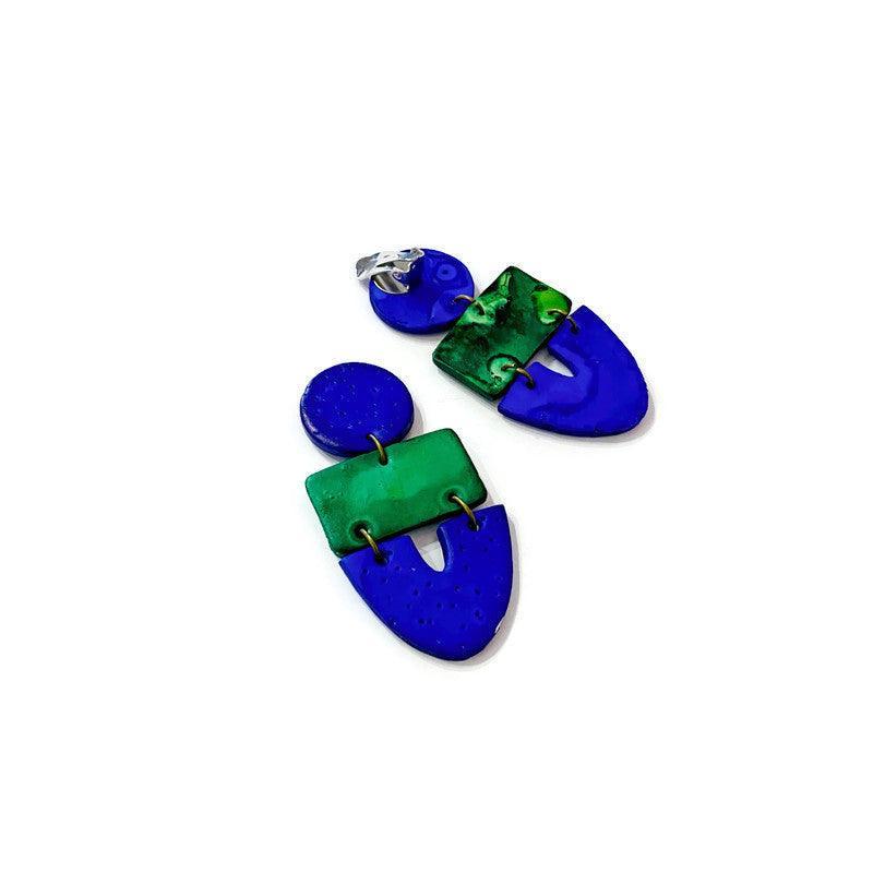 Two Tone Statement Earrings in Green Blue, Post or Clip On Handmade