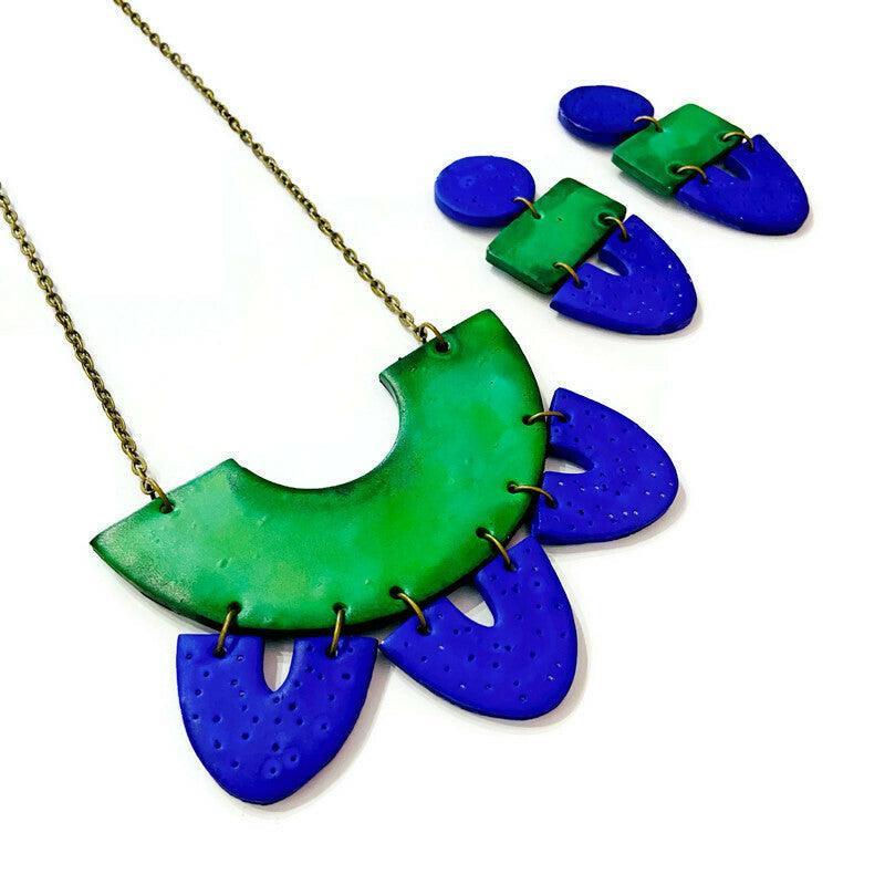 Two Tone Statement Earrings in Green Blue, Post or Clip On Handmade