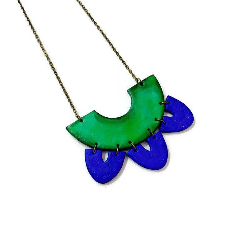 Two Tone Statement Earrings in Green Blue, Post or Clip On Handmade