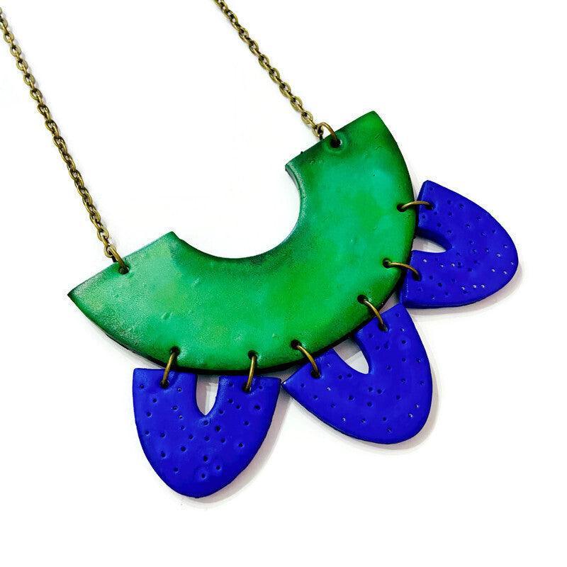 Two Tone Statement Earrings in Green Blue, Post or Clip On Handmade