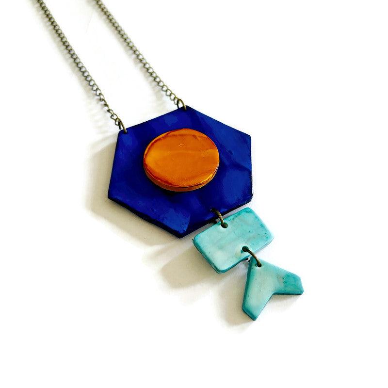 Unique Geometric Pendant Necklace in Blue Yellow