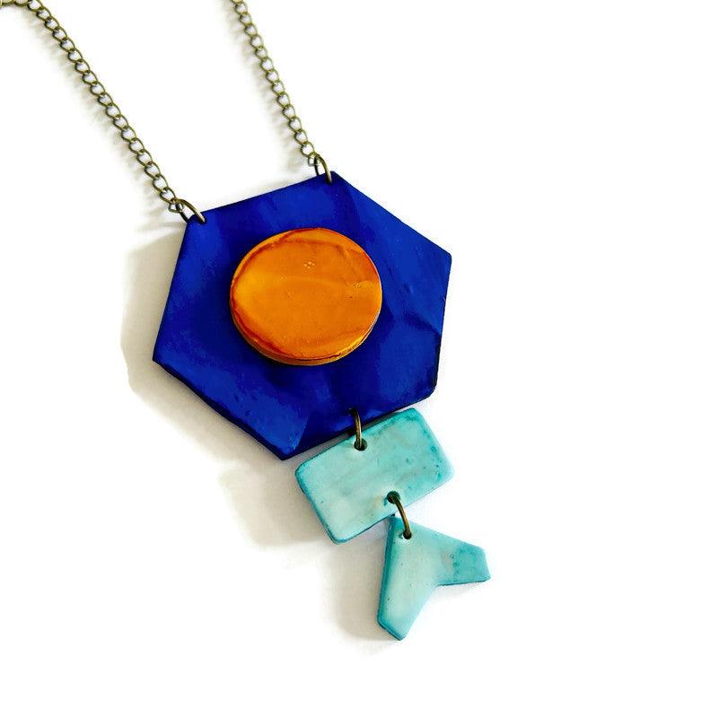 Unique Geometric Pendant Necklace in Blue Yellow