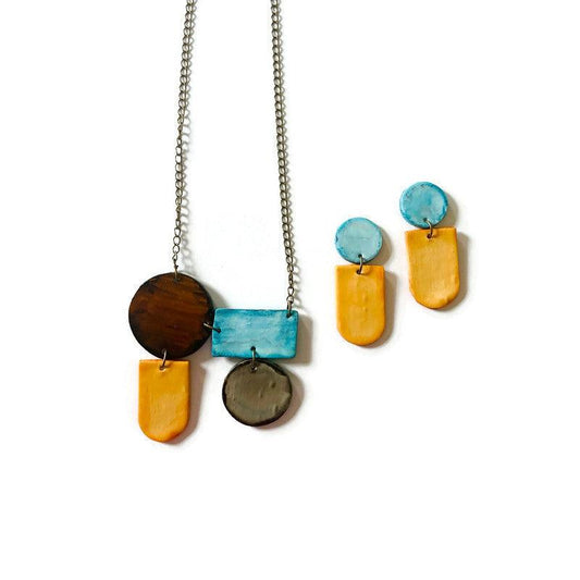 Unique Geometric Jewelry Set in Baby Blue, Peach, Brown & Grey