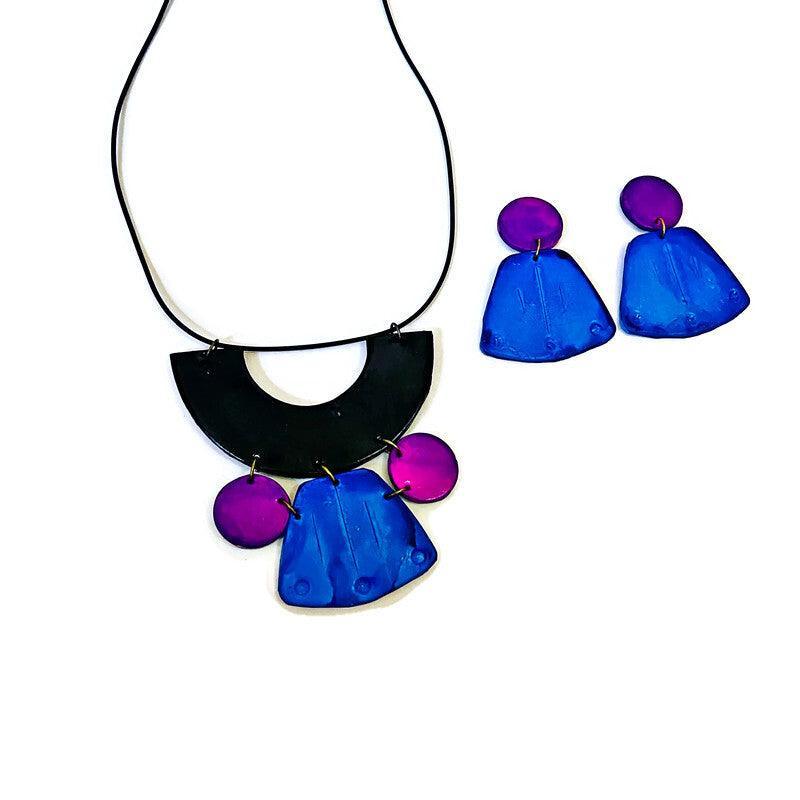 Unique Statement Necklace Handmade & Painted Blue Black Purple