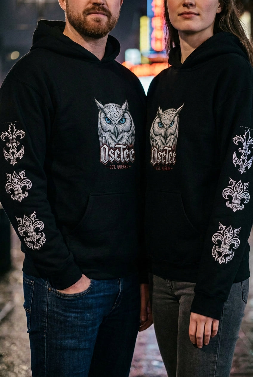 Hoodie OseTee Premium noir – coton ouaté québécois unisexe