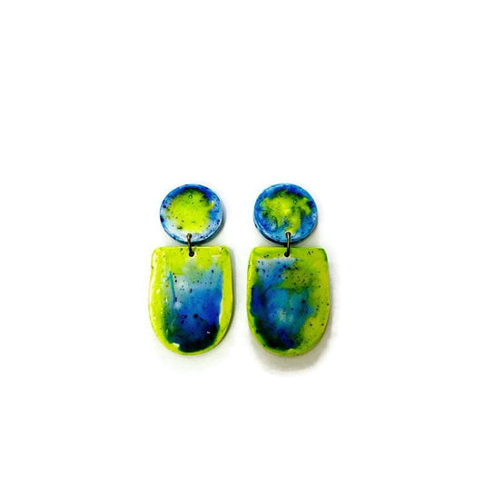 Fluid Art Statement Earrings in Lime Green & Blue