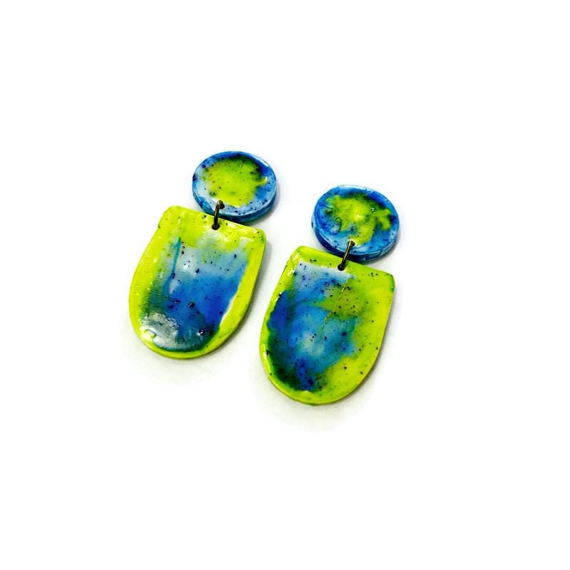 Fluid Art Statement Earrings in Lime Green & Blue