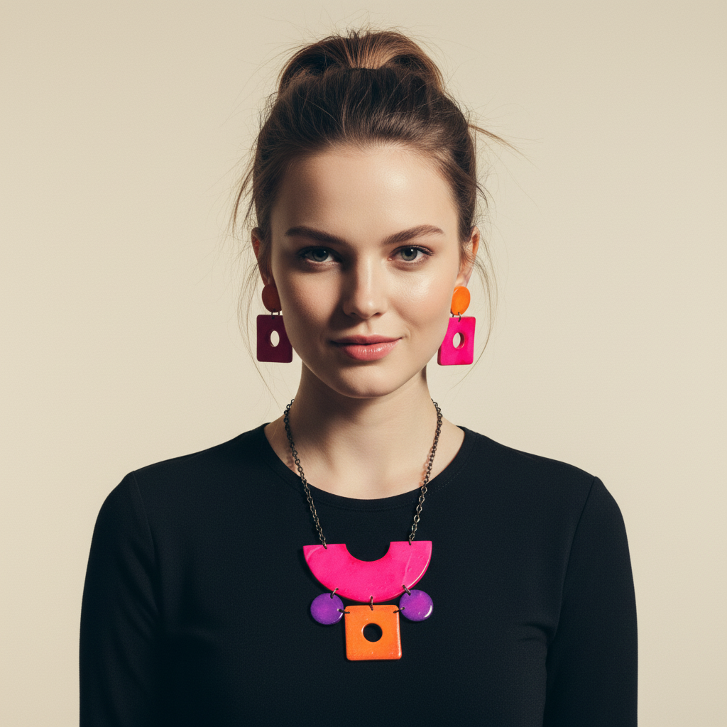 Retro Statement Necklace | Geometric Bib Necklace in Neon Pink, Purple & Orange