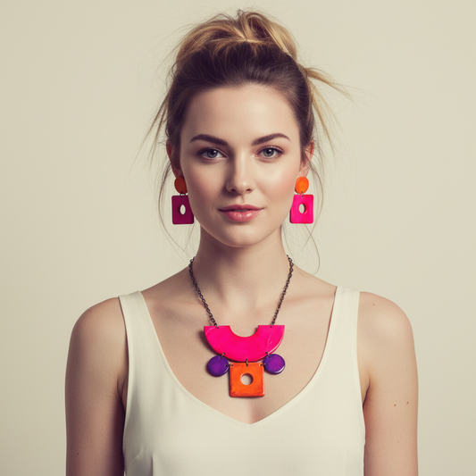 Retro Statement Necklace | Geometric Bib Necklace in Neon Pink, Purple & Orange