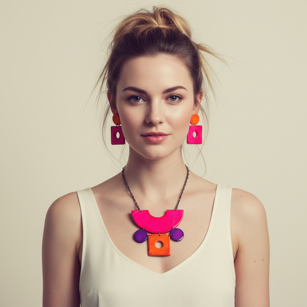 Retro Jewelry Set | Chunky Statement Necklace & Earrings in Neon Pink, Purple & Orange