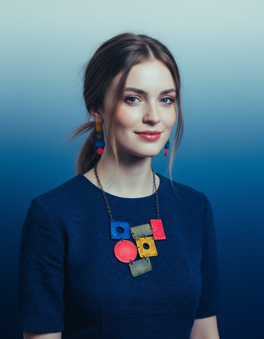 Parure de bijoux audacieuse et colorée, Collier large et boucles d'oreilles géométriques longues, Rose Bleu Jaune Gris