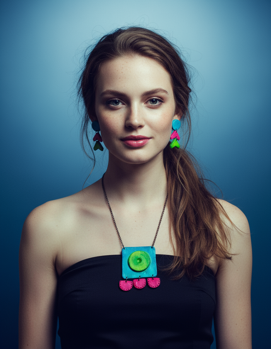 Abstract Neon Statement Necklace & Earrings Set, Handmade Polymer Clay