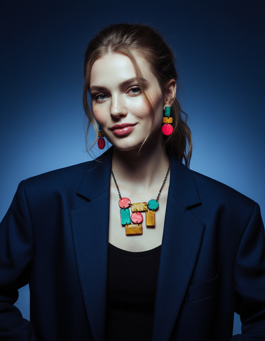 Geometric Statement Jewelry Set, Necklace & Earrings, Handmade Polymer Clay