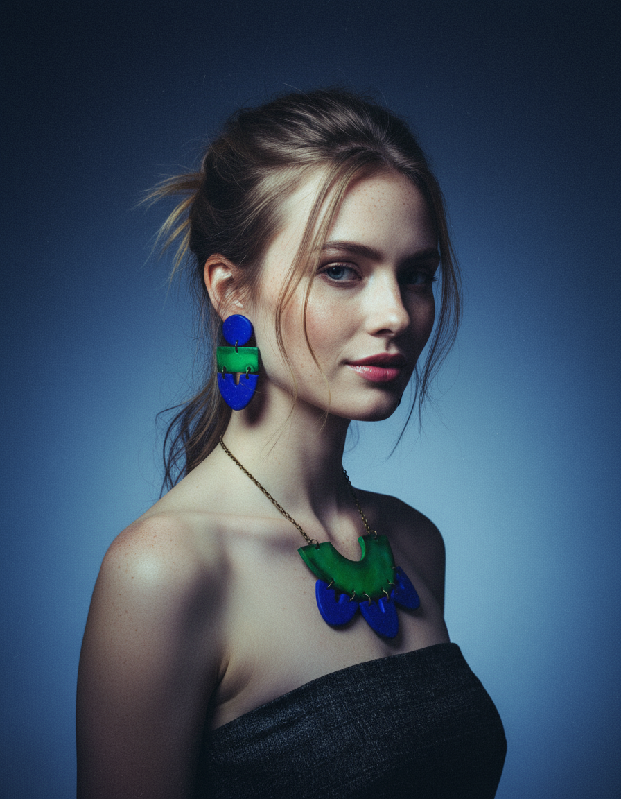 Green & Blue Clay Collar Statement Necklace, Handmade Polymer Clay