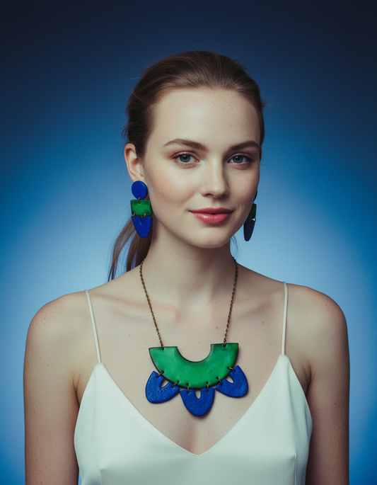 Green & Blue Clay Collar Statement Necklace, Handmade Polymer Clay